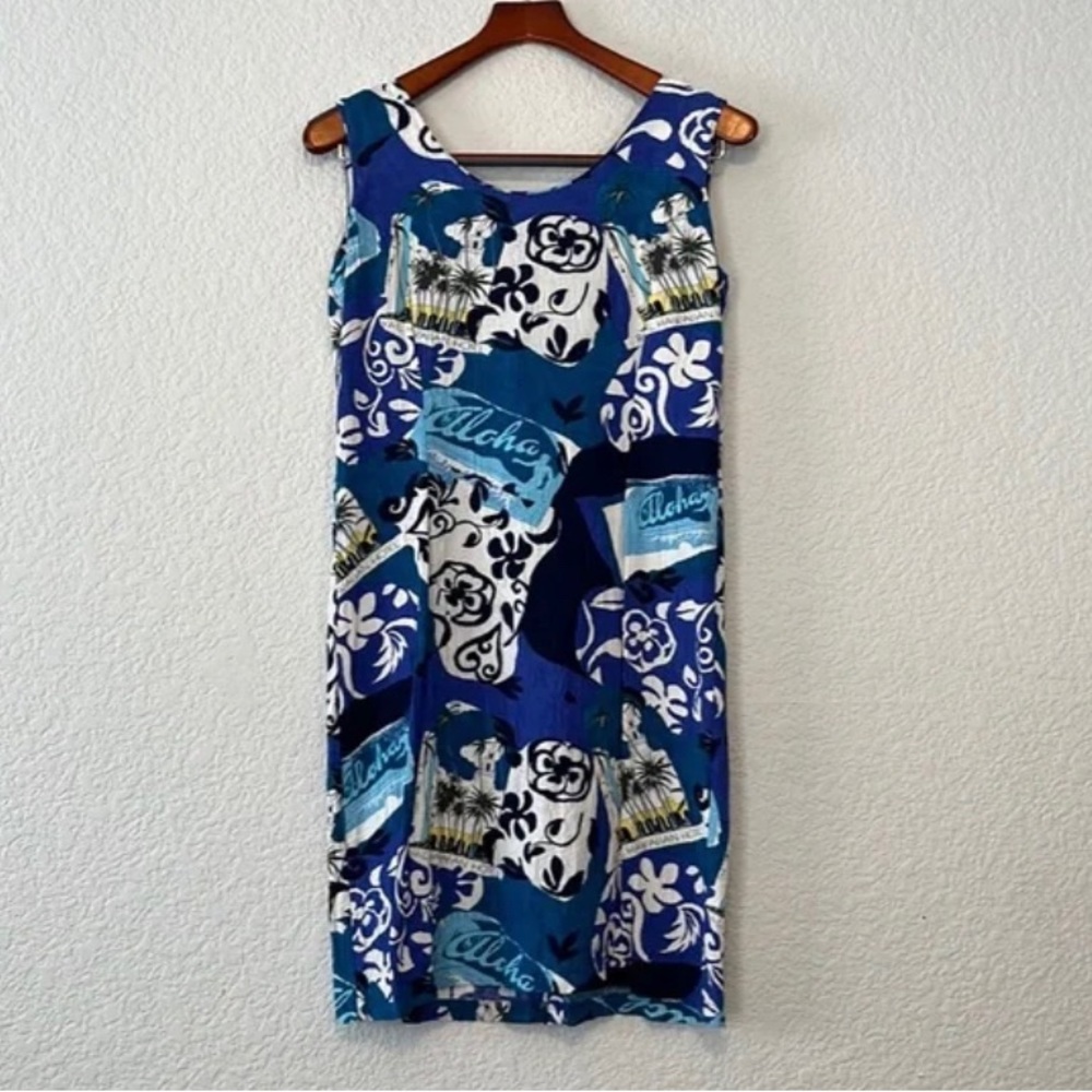 Vintage Blue Royal Hawaiian Print Mini Dress, Size 9